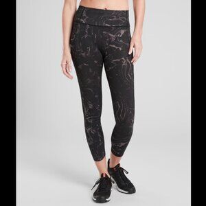 ATHLETA VELOCITY STASH POCKET MARBLE 7/8 TIGHTS Black & Mauve High Rise Leggings